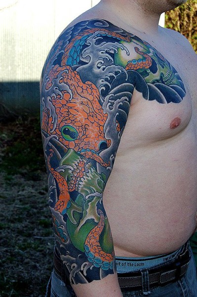 koi and chrysanthemum leg half sleeve tattoo by Dana Helmuth: TattooNOW