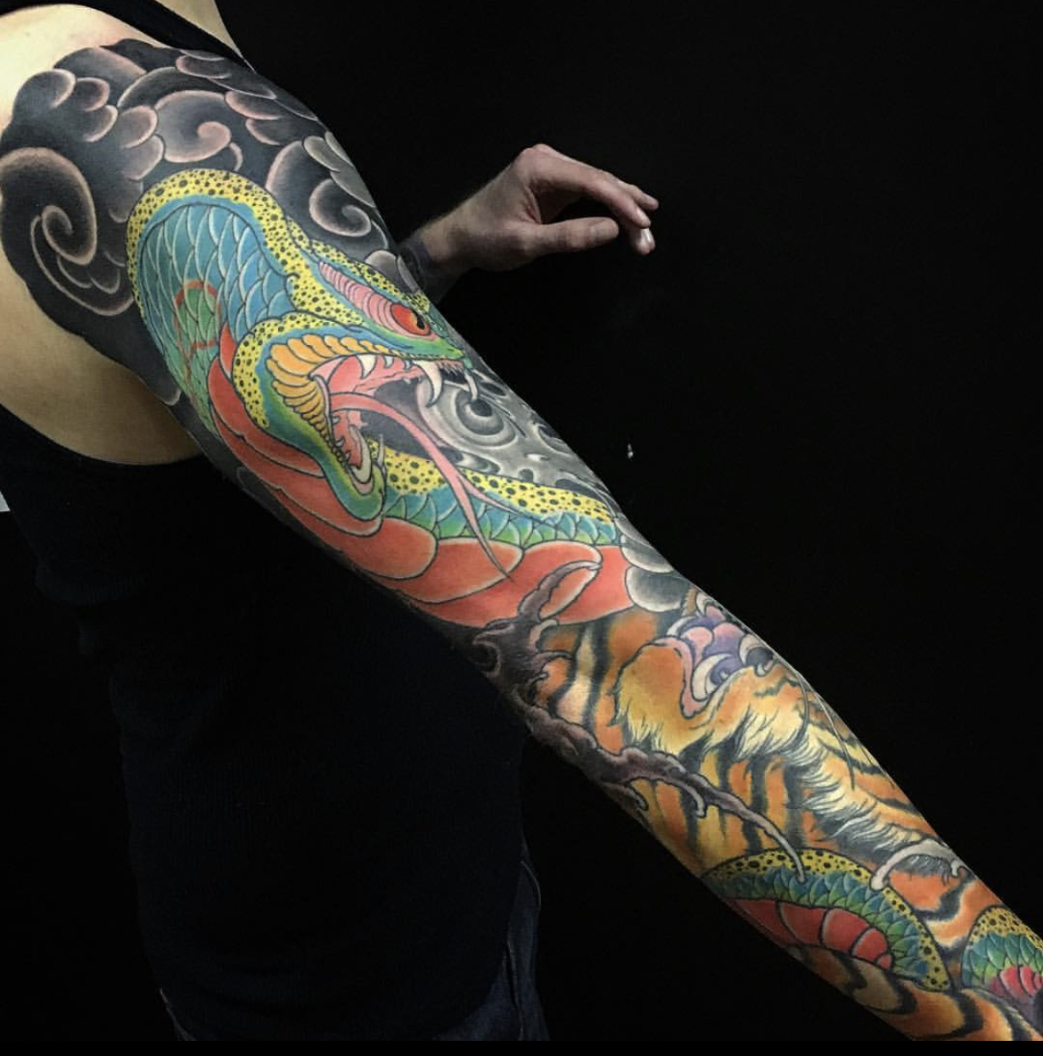 koi and chrysanthemum leg half sleeve tattoo by Dana Helmuth